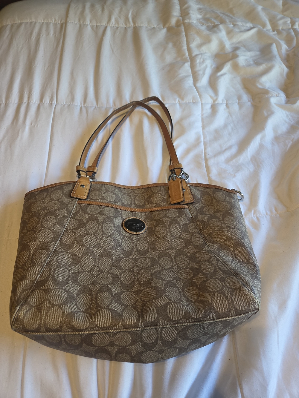 Coach Khaki Signature Canvas Tote with Tan Trim